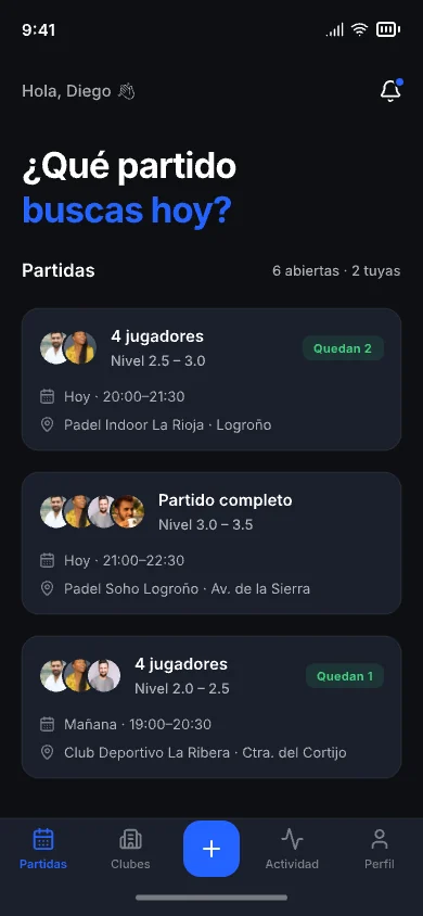 Lista de partidos abiertos, cada uno con su nivel, su hora y su club.