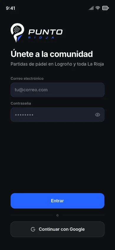 Pantalla de registro de Punto Rioja, con acceso por correo o con Google.