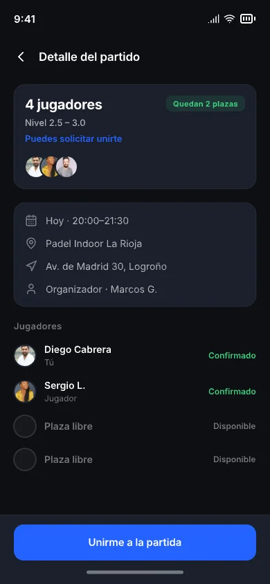 Detalle de un partido con plazas libres y el botón para unirse.