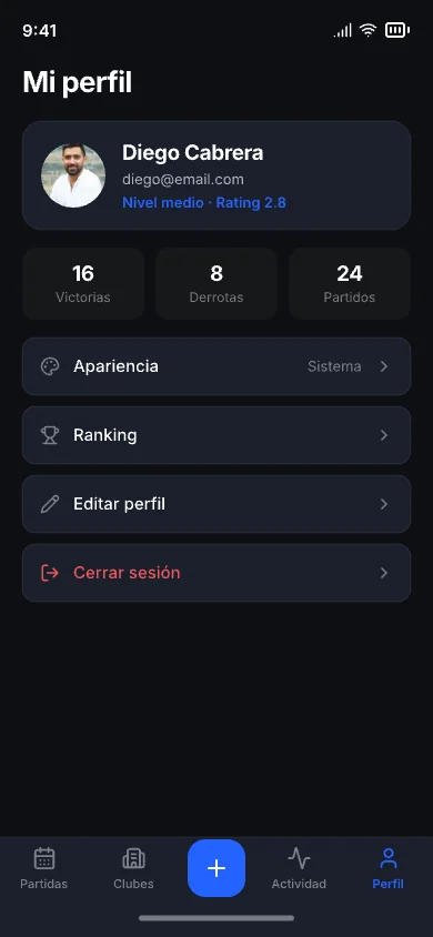 Perfil de jugador con victorias, derrotas y partidos jugados.