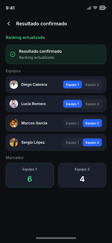 Resultado de un partido confirmado, con los dos equipos y el marcador.